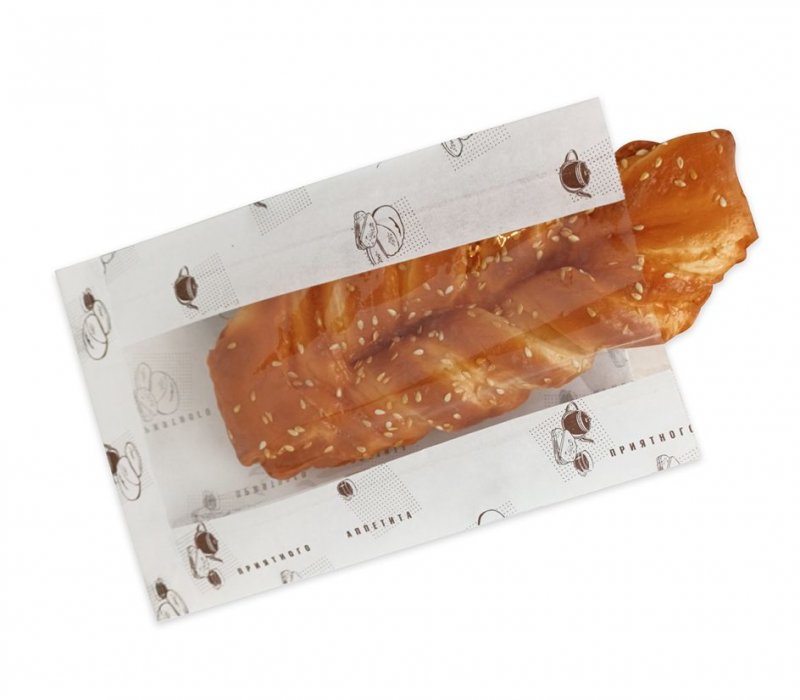 Белый пакет для хлеба и выпечки 210x140(70)x55 с окном и печатью