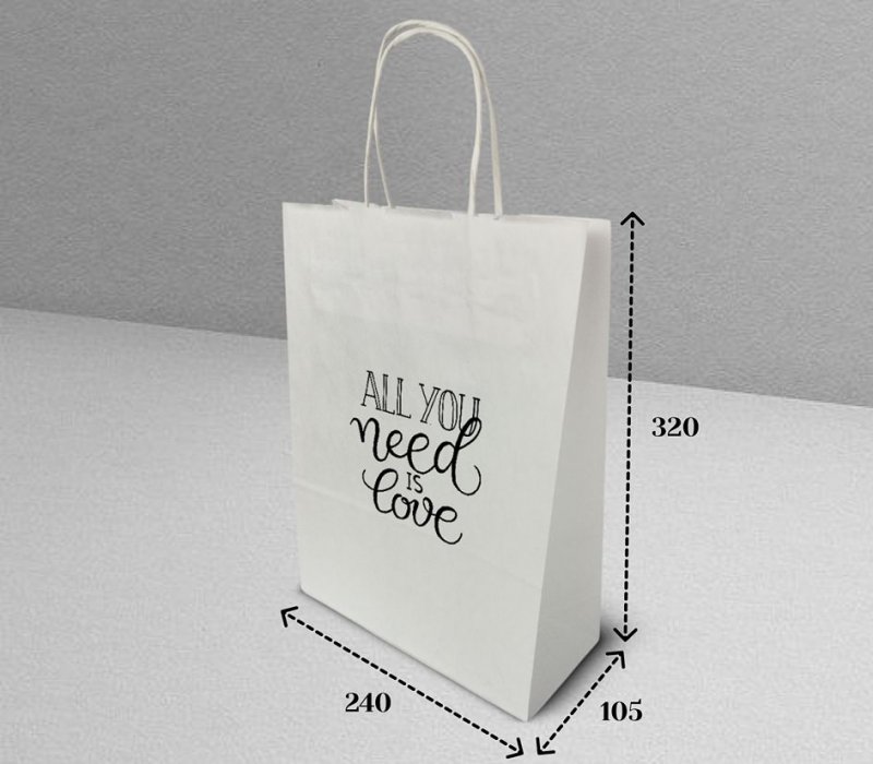 Подарочный пакет с кручеными ручками белый 240x105x320 "All you need is love"