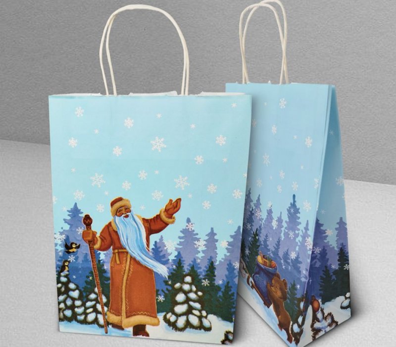 Подарочный пакет с кручеными ручками белый 240x105x320 "Новогодняя открытка"