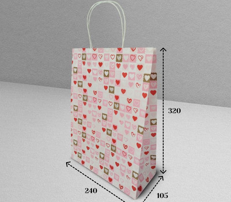 Подарочный пакет с кручеными ручками белый 240x105x320 "Сердечки"