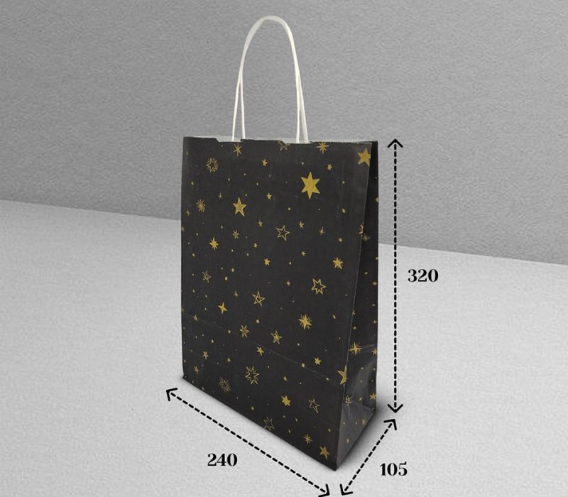 Подарочный пакет с кручеными ручками белый 240x105x320 "Звездочки на черном"