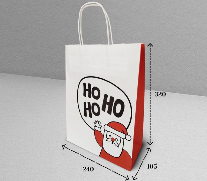 Подарочный пакет с кручеными ручками белый 240x105x320 "Ho Ho Ho"