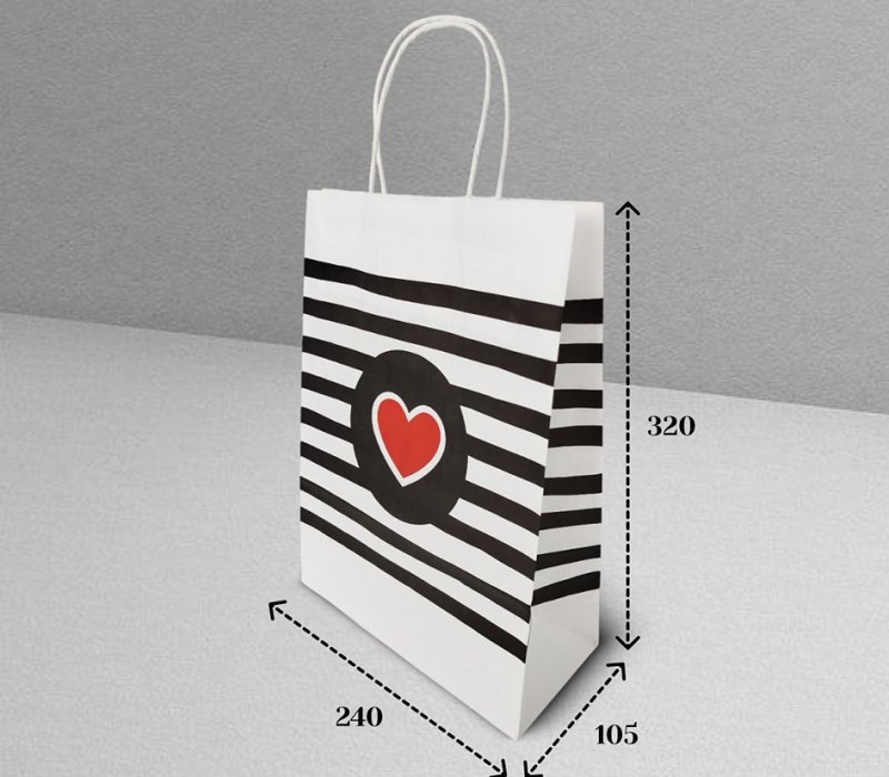 Подарочный пакет с кручеными ручками белый 240x105x320 "Сердце"