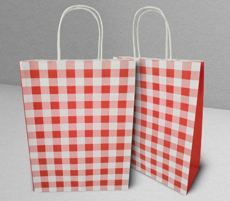 Подарочный пакет с кручеными ручками белый 240x105x320 "Клетка красная"