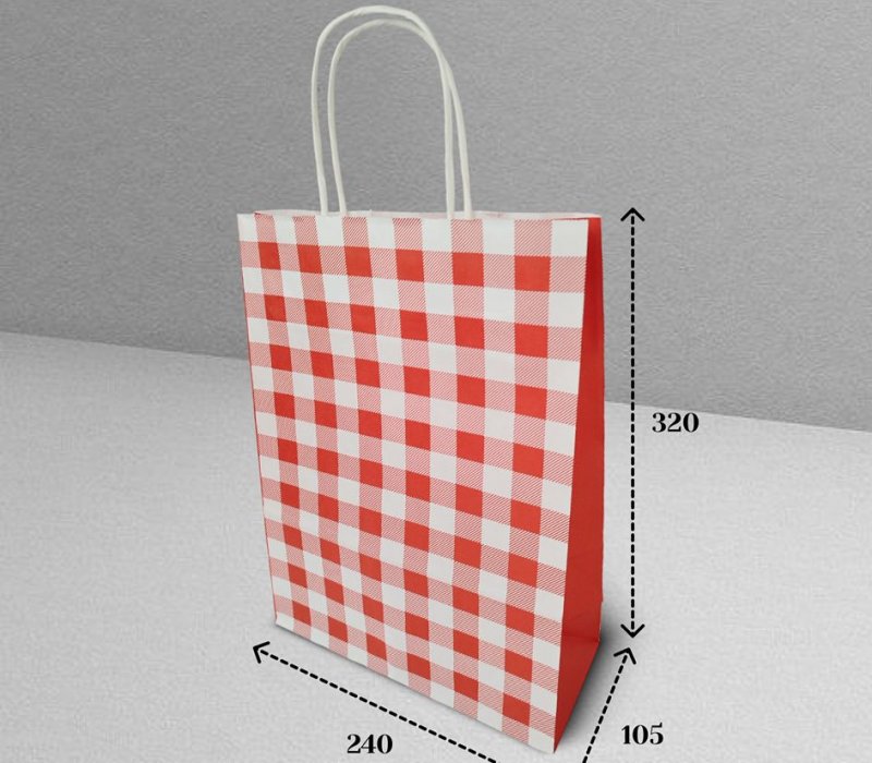 Подарочный пакет с кручеными ручками белый 240x105x320 "Клетка красная"