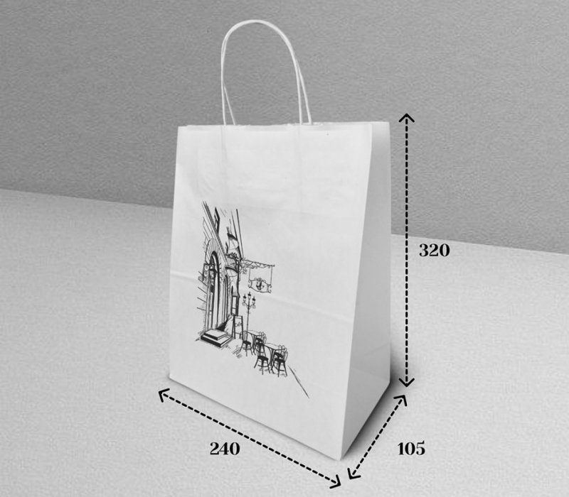 Подарочный пакет с кручеными ручками белый 240x105x320 "Cafe"