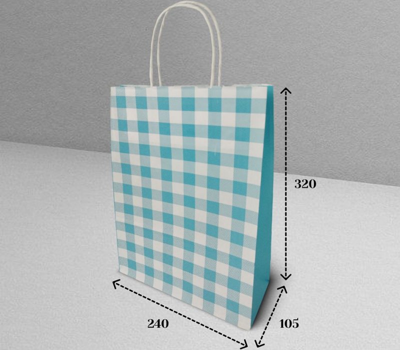 Подарочный пакет с кручеными ручками белый 240x105x320 "Клетка голубая"