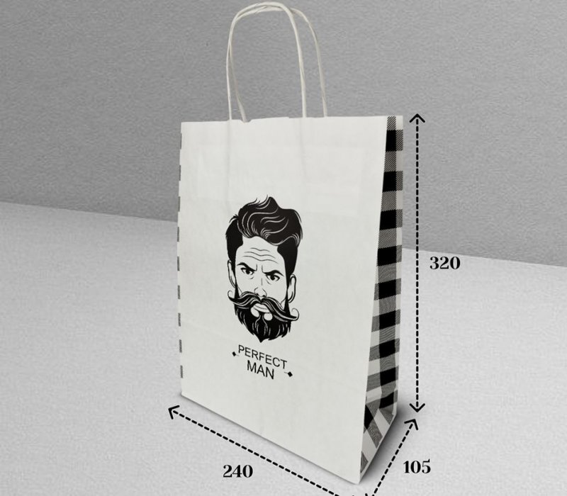 Подарочный пакет с кручеными ручками белый 240x105x320 "Perfect man"