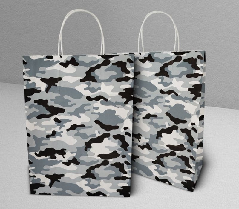 Подарочный пакет с кручеными ручками белый 240x105x320 "Камуфляж" (серый, внутри белый)