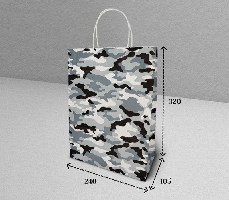 Подарочный пакет с кручеными ручками белый 240x105x320 "Камуфляж" (серый, внутри белый)