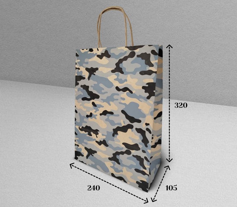 Подарочный пакет с кручеными ручками крафт 240x105x320 "Камуфляж" (серый, внутри бурый)