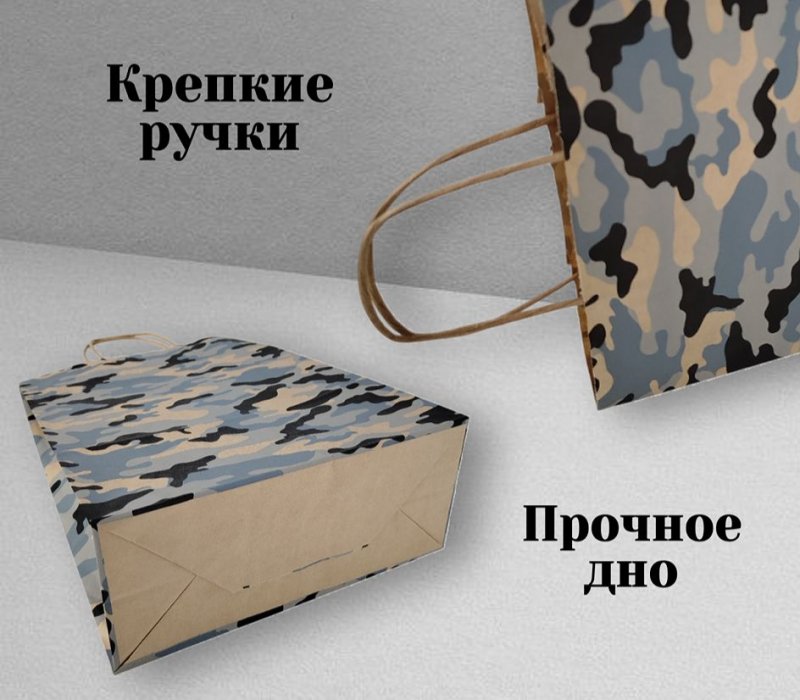 Подарочный пакет с кручеными ручками крафт 240x105x320 "Камуфляж" (серый, внутри бурый)