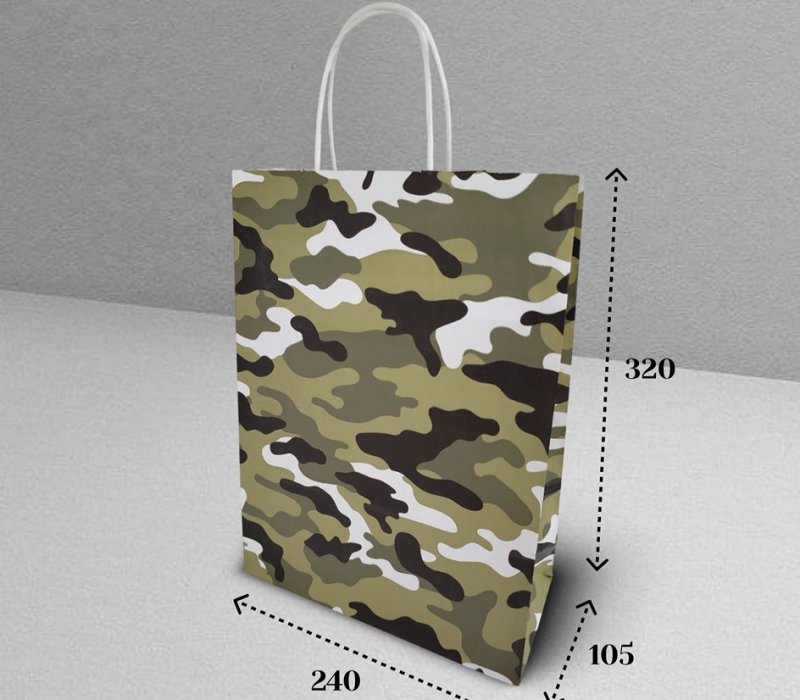 Подарочный пакет с кручеными ручками белый 240x105x320 "Камуфляж" (зеленый, внутри белый)