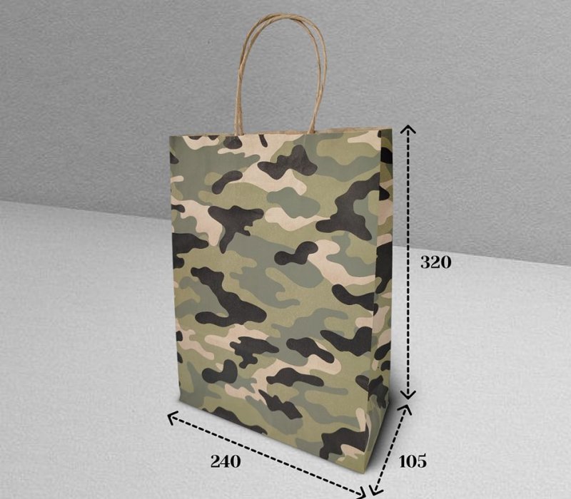 Подарочный пакет с кручеными ручками крафт 240x105x320 "Камуфляж" (зеленый, внутри бурый)