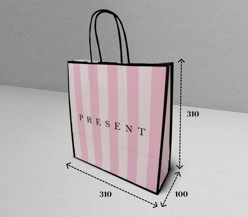 Подарочный пакет с кручеными ручками белый 310x100x310 "PRESENT" с черными ручками