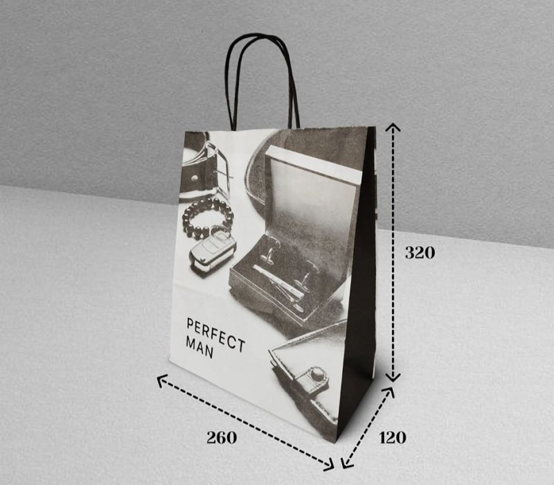 Подарочный пакет с кручеными ручками белый 260x120x320 "Для идеального мужчины" с черными ручками