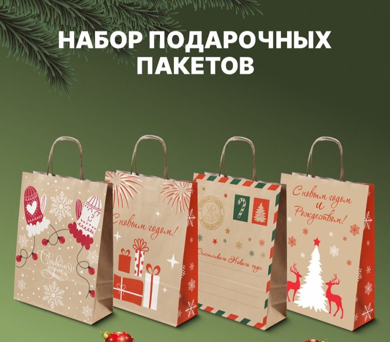 Набор подарочных пакетов с кручеными ручками 240x105x320,  "Новый год крафт 1" Внутри бурый , 4 дизайна по 1 шт.