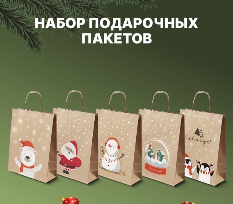 Набор подарочных пакетов с кручеными ручками 240x105x320, "Новый год крафт 2",  Внутри бурый, 5 дизайнов по 1 шт.