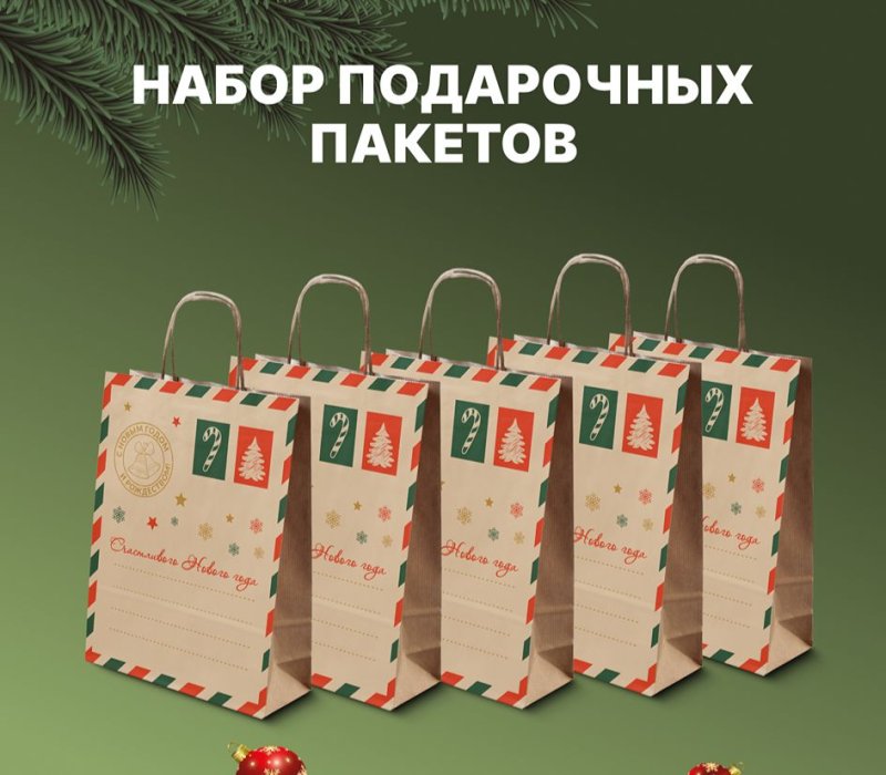 Комплект подарочный пакет с кручеными ручками 240x105x320 "НГ Открытка", внутри бурый,  1 дизайн по 5 шт