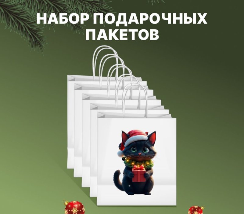 Комплект подарочных пакетов с кручеными ручками 240x105x320, "Котенок", белый 1 дизайн по 5 шт