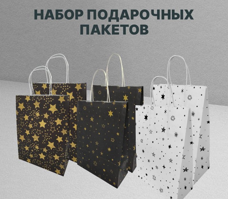 Набор подарочный пакет с кручеными ручками 240x105x320 "Звезды", внутри белый, 3 дизайна по 2 шт.