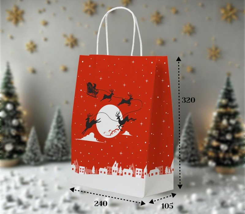Подарочный пакет с кручеными ручками белый 240x105x320 "Парящие олени"