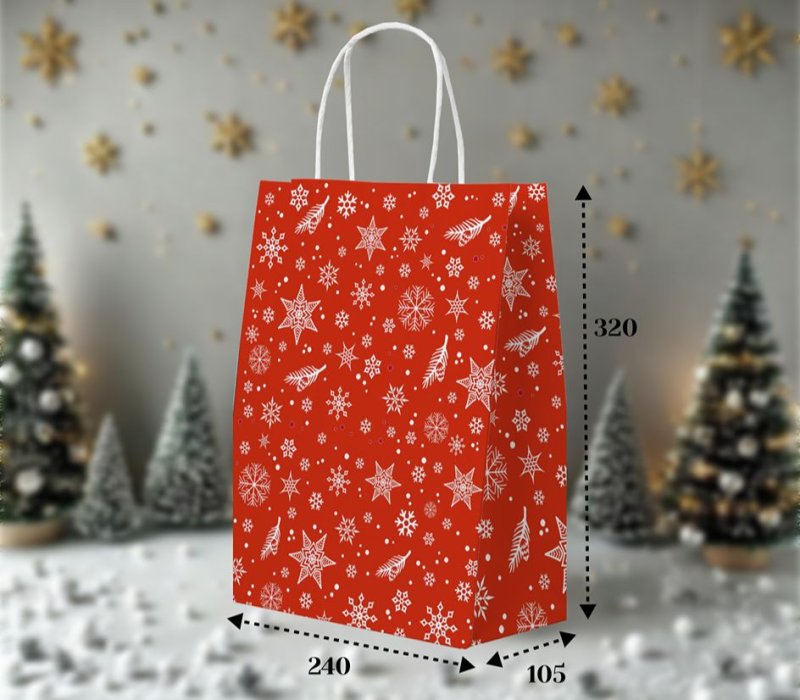 Подарочный пакет с кручеными ручками 240x105x320 "Снежинки красный" внутри белый