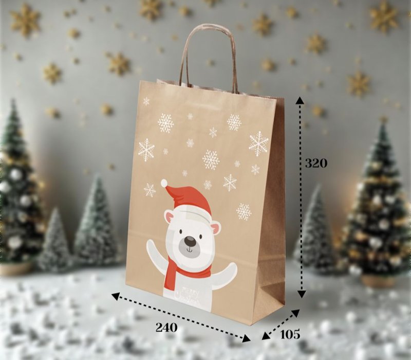 Подарочный пакет крафт с кручеными ручками 240x105x320 "Мишка Новогодний" внутри бурый