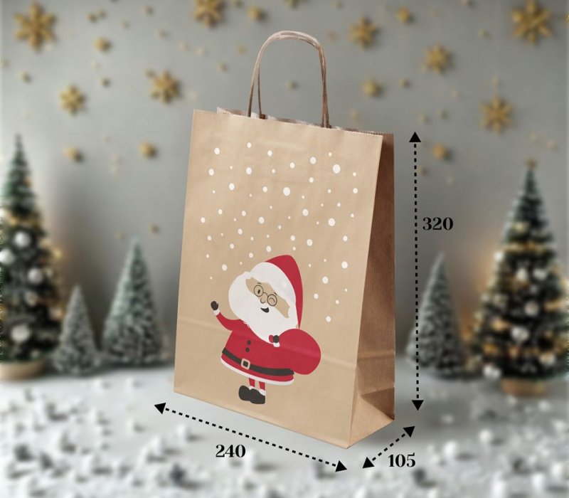 Подарочный пакет крафт с кручеными ручками 240x105x320 "Дед Мороз" внутри бурый