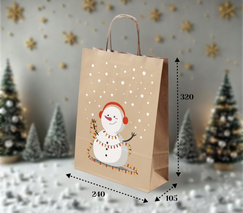Подарочный пакет крафт с кручеными ручками 240x105x320 "Снеговик" внутри бурый