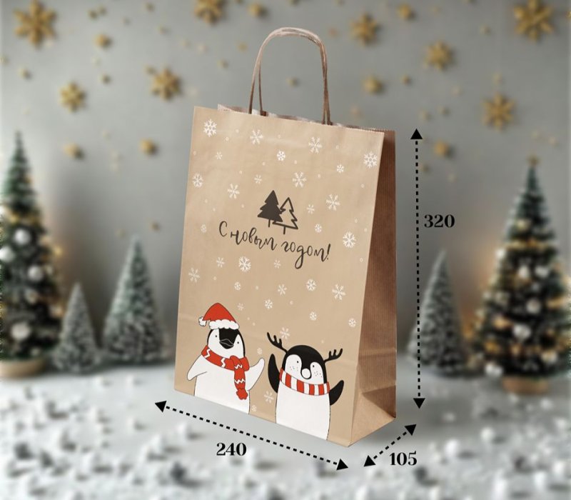 Подарочный пакет крафт с кручеными ручками 240x105x320 "Пингвины" внутри бурый