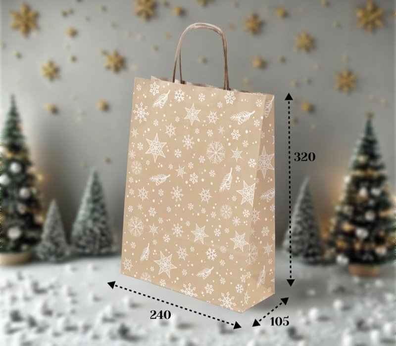 Подарочный пакет крафт с кручеными ручками 240x105x320 "Снежинки" внутри бурый