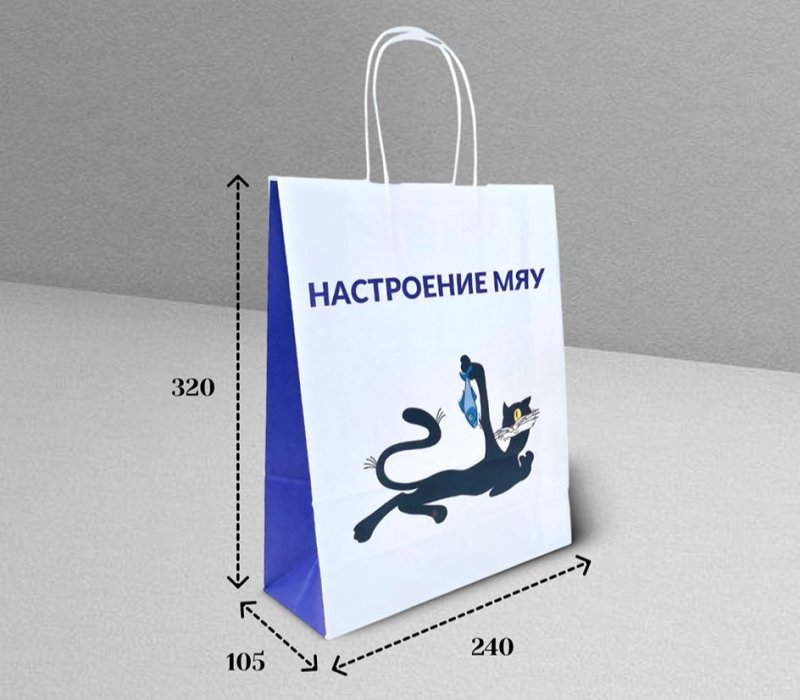 Подарочный пакет с кручеными ручками белый 240x105x320 "Котенок по имени Гав. Веселью быть" внутри белый