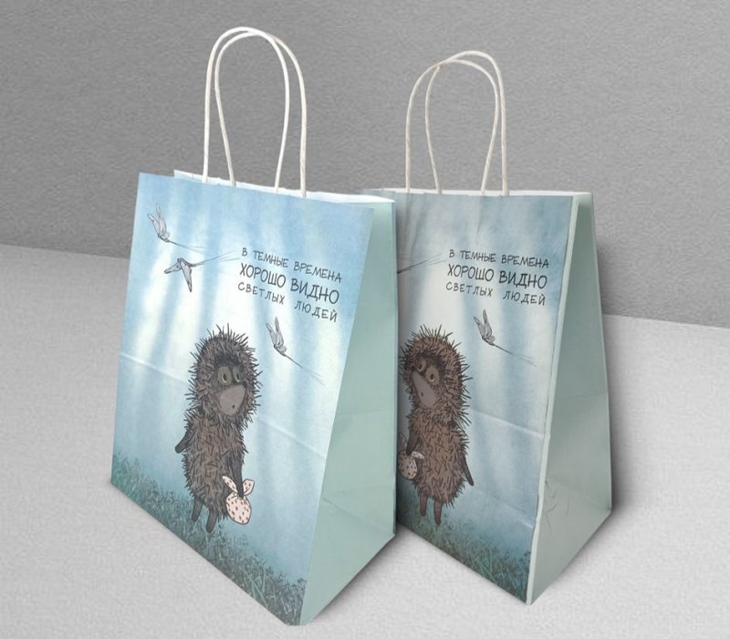 Подарочный пакет с кручеными ручками белый 240x140x300 "Ежик в тумане. В темные времена" внутри белый