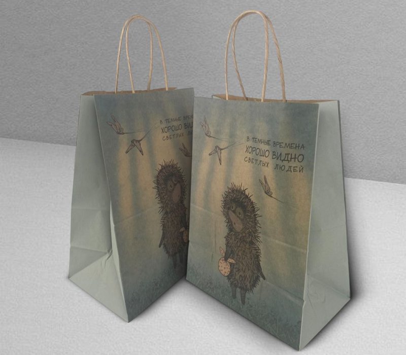 Подарочный пакет с кручеными ручками белый 240x140x300 "Ежик в тумане. В темные времена" внутри бурый