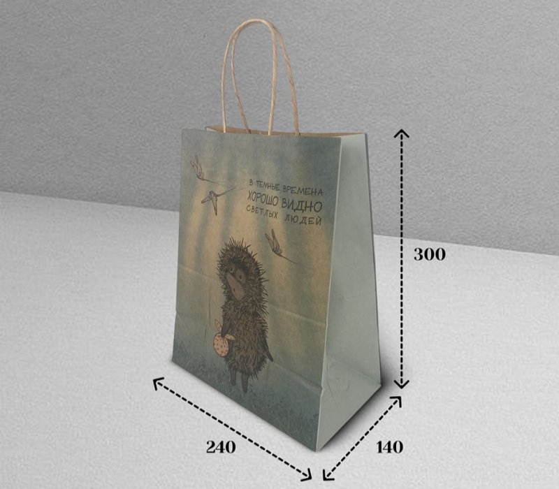 Подарочный пакет с кручеными ручками белый 240x140x300 "Ежик в тумане. В темные времена" внутри бурый