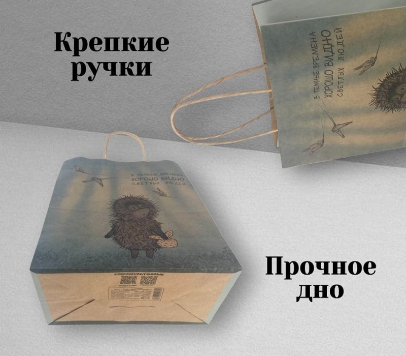 Подарочный пакет с кручеными ручками белый 240x140x300 "Ежик в тумане. В темные времена" внутри бурый