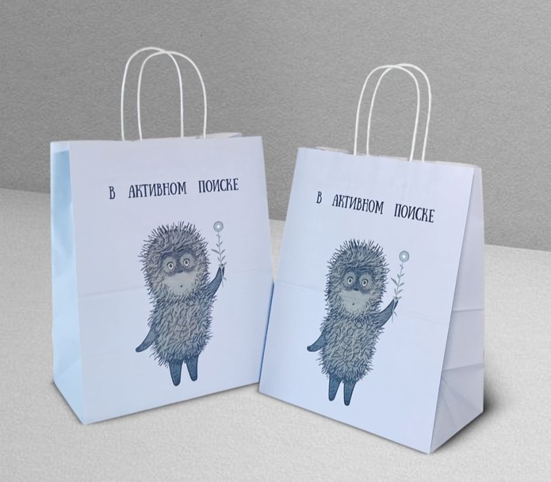 Подарочный пакет с кручеными ручками белый 240x140x300 "Ежик в тумане. В активном поиске" внутри белый