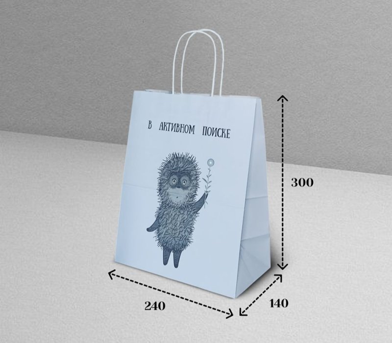 Подарочный пакет с кручеными ручками белый 240x140x300 "Ежик в тумане. В активном поиске" внутри белый