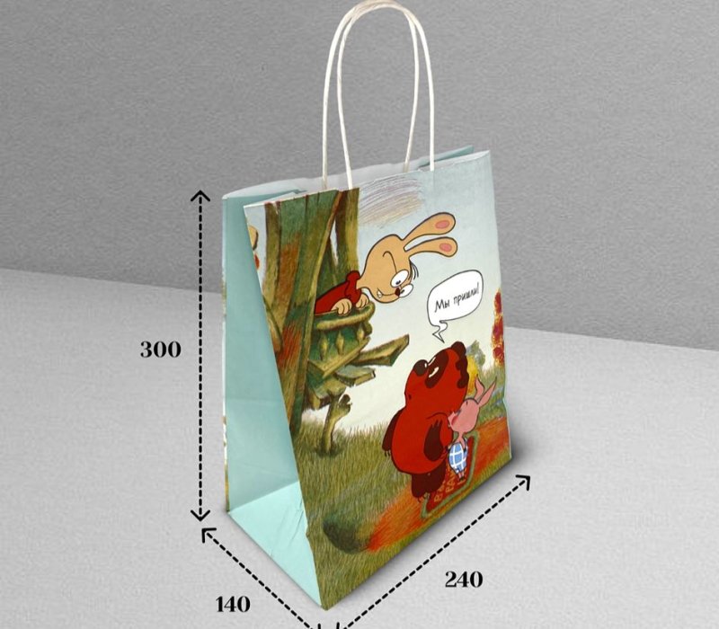 Подарочный пакет с кручеными ручками белый 240x140x300 «Винни-Пух. Идём в гости»  внутри белый
