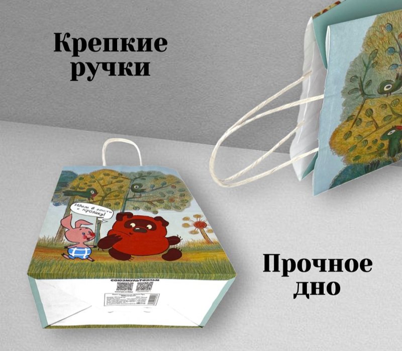 Подарочный пакет с кручеными ручками белый 240x140x300 «Винни-Пух. Идём в гости»  внутри белый