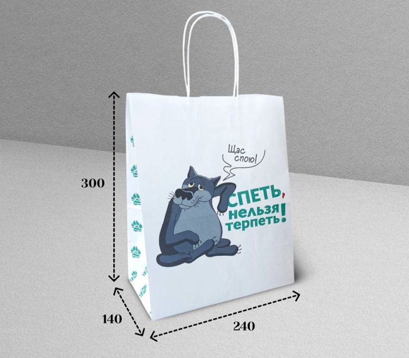 Подарочный пакет с кручеными ручками белый 240x140x300 «Жил был Пес. Щас спою» внутри белый