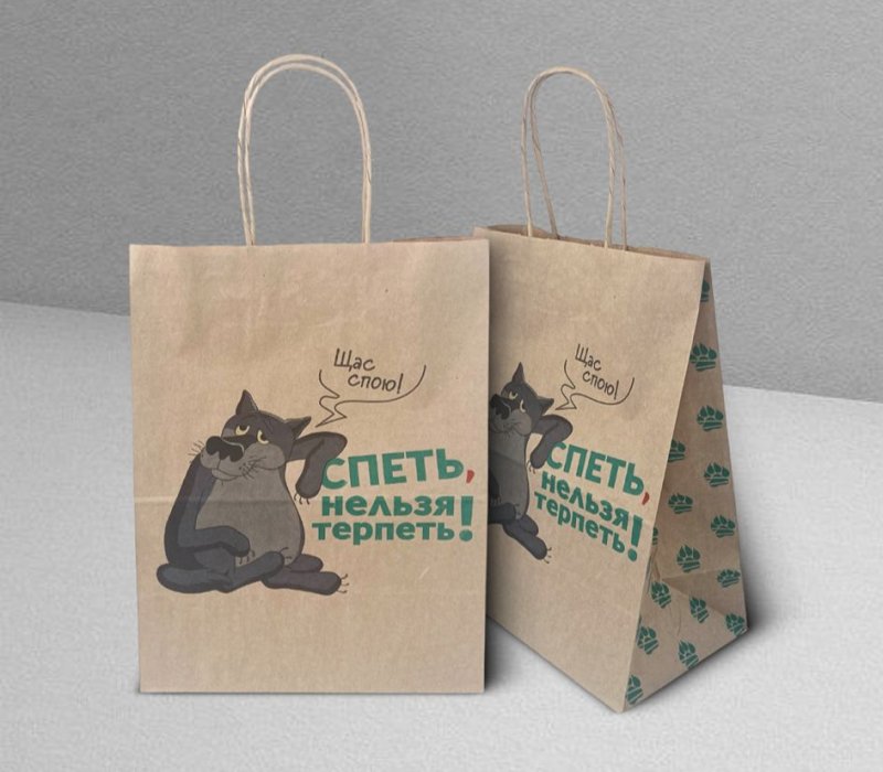 Подарочный пакет с кручеными ручками белый 240x140x300 «Жил был Пес. Щас спою» внутри бурый