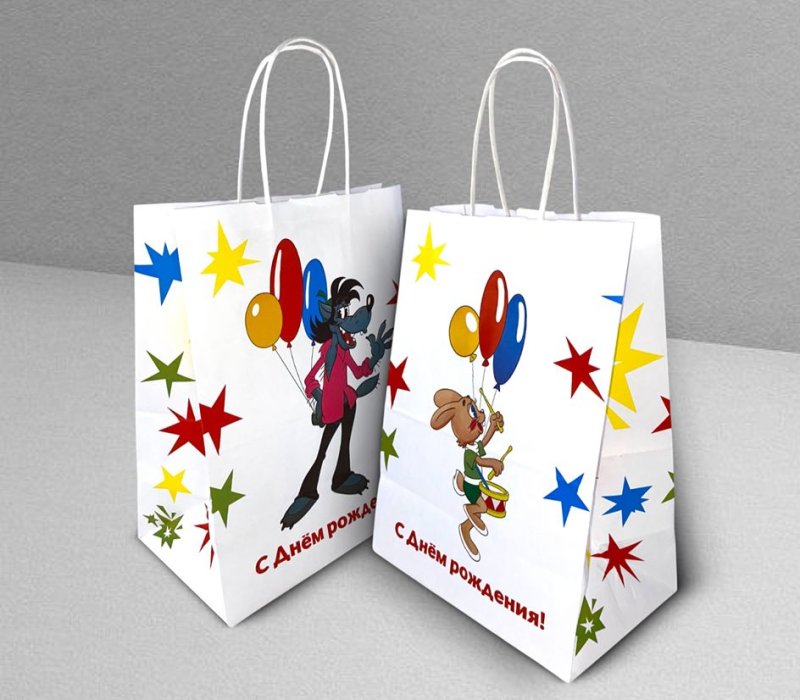 Подарочный пакет с кручеными ручками белый 240x140x300 «Ну, погоди. С Днем Рождения» внутри белый