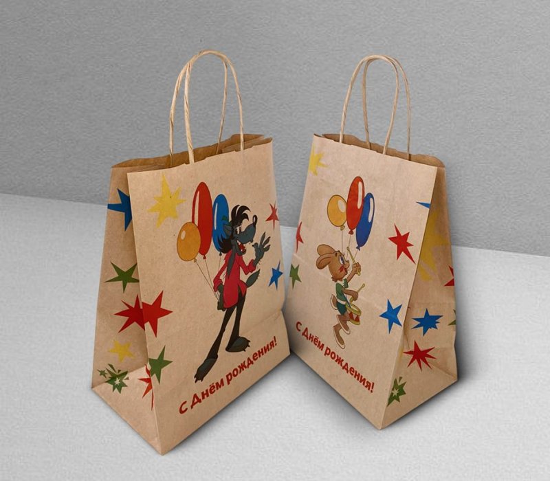 Подарочный пакет с кручеными ручками белый 240x140x300  «Ну, погоди. С Днем Рождения» внутри бурый