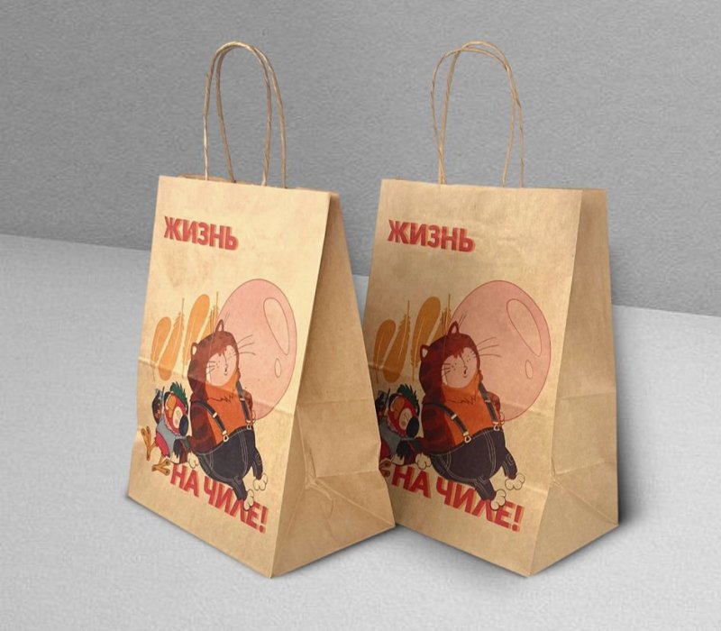 Подарочный пакет с кручеными ручками белый 240x140x300  «Попугай Кеша. На чиле» внутри бурый