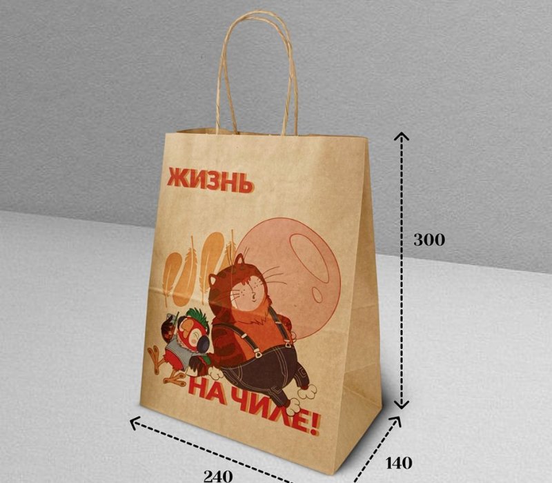 Подарочный пакет с кручеными ручками белый 240x140x300  «Попугай Кеша. На чиле» внутри бурый