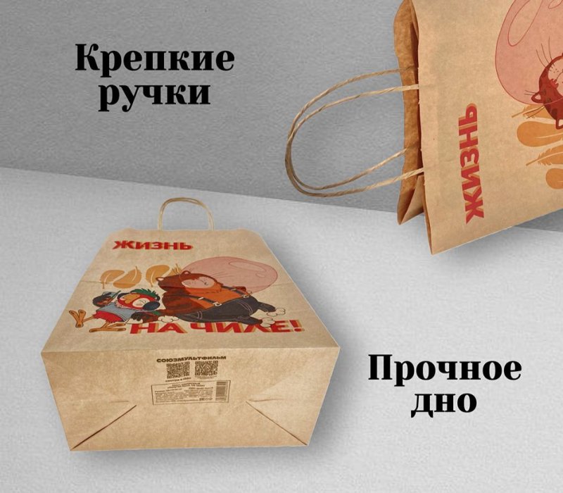 Подарочный пакет с кручеными ручками белый 240x140x300  «Попугай Кеша. На чиле» внутри бурый