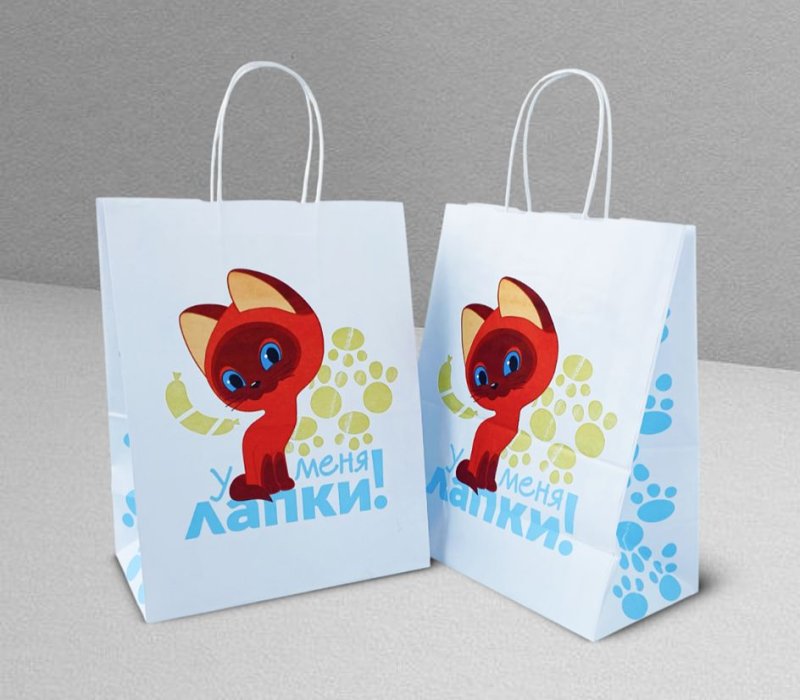 Подарочный пакет с кручеными ручками белый 240x140x300 «Котенок по имени Гав. У меня лапки» внутри белый