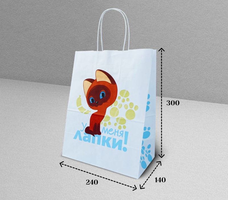 Подарочный пакет с кручеными ручками белый 240x140x300 «Котенок по имени Гав. У меня лапки» внутри белый